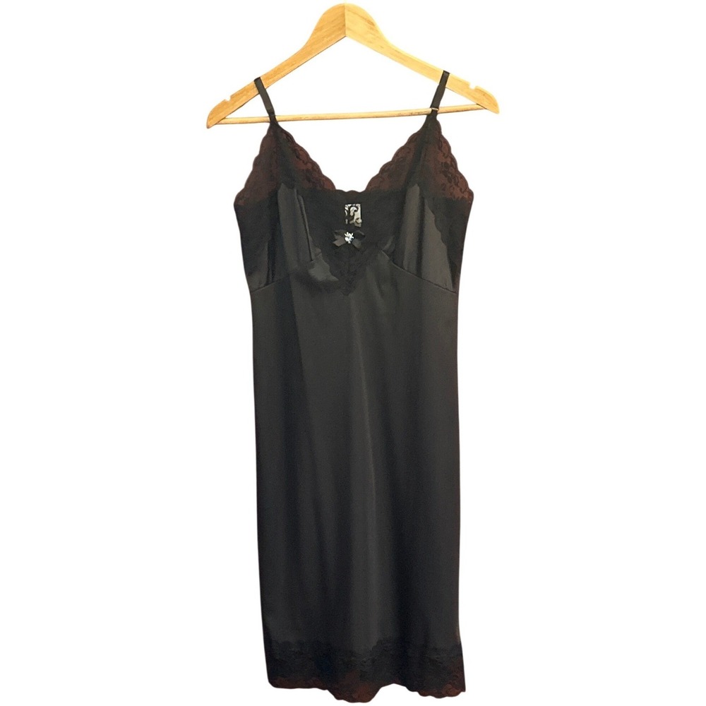 90s Vintage Black Satin Lace Trim Full Slip Dress Coquette Gothic Romance Noir